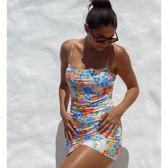 Princess Polly Dresses & Skirts - Princess Polly Swim Floral Strapless Beach Cover Up Mini Dress Pink Blue Sz2 New